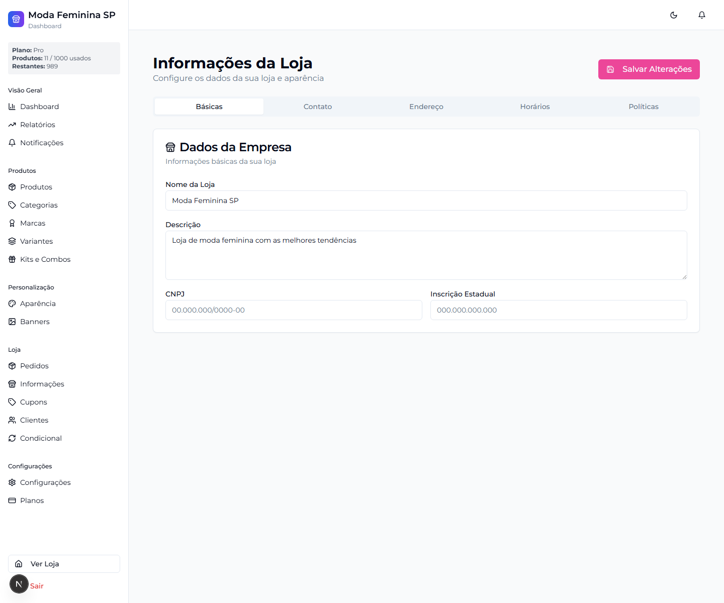 Prévia da tela Informações da Loja